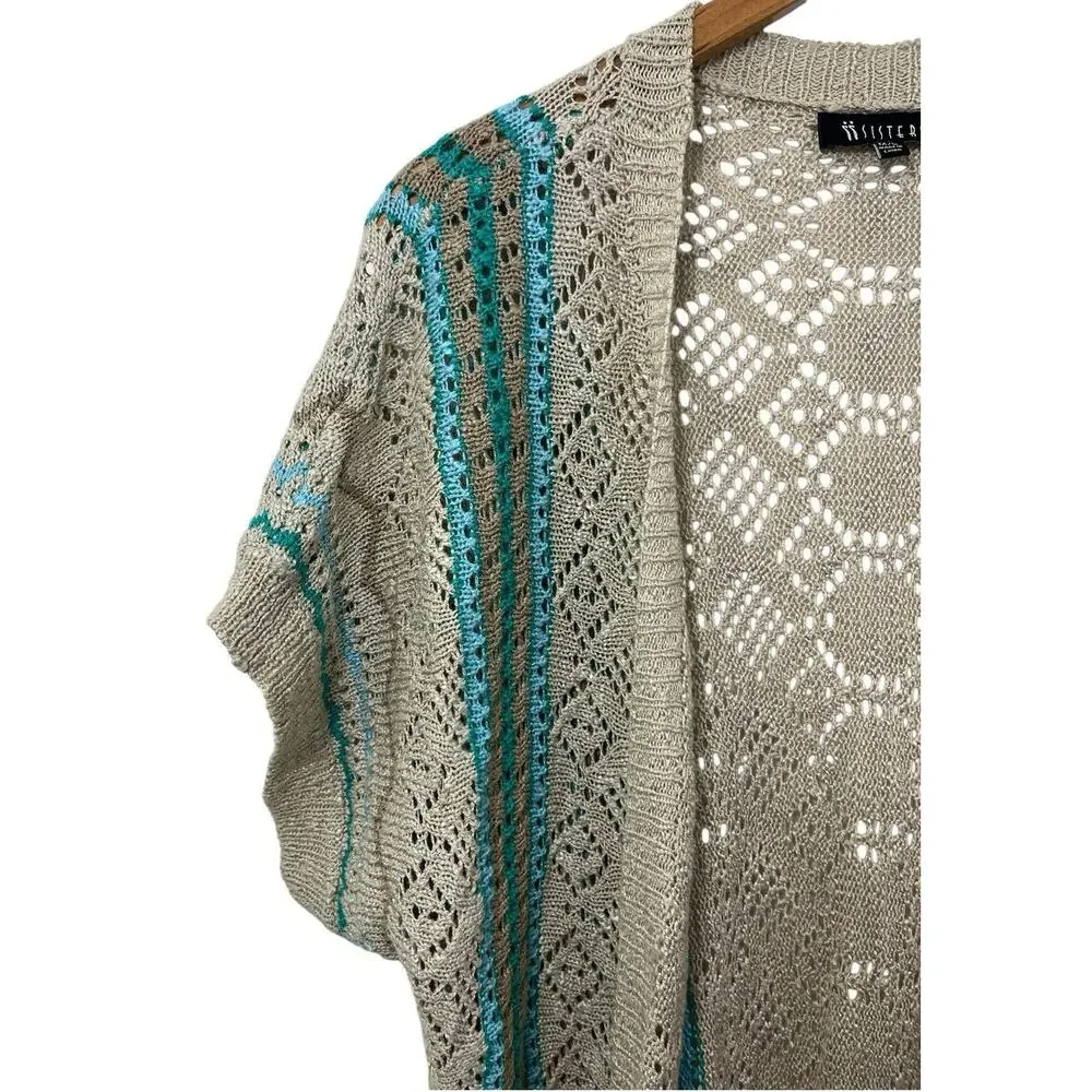 Crochet Duster Cardigan Festival Large Beige Hippie Short Sleeve Boho Lagenlook